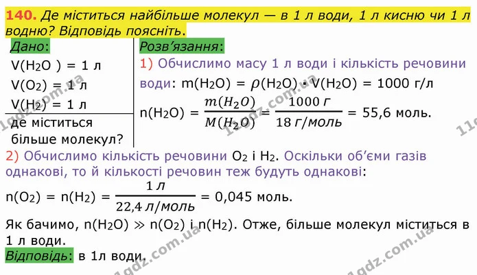 140. Де міститься найбільше молекул — в 1 л води, 1 л кисню чи 1 л водню? Відповідь поясніть. — ГДЗ Хімія 8 клас Попель