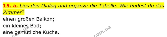 15. a. Lies den Dialog und ergänze die Tabelle. Wie findest du das Zimmer? — ГДЗ Німецька мова 7 клас Басай