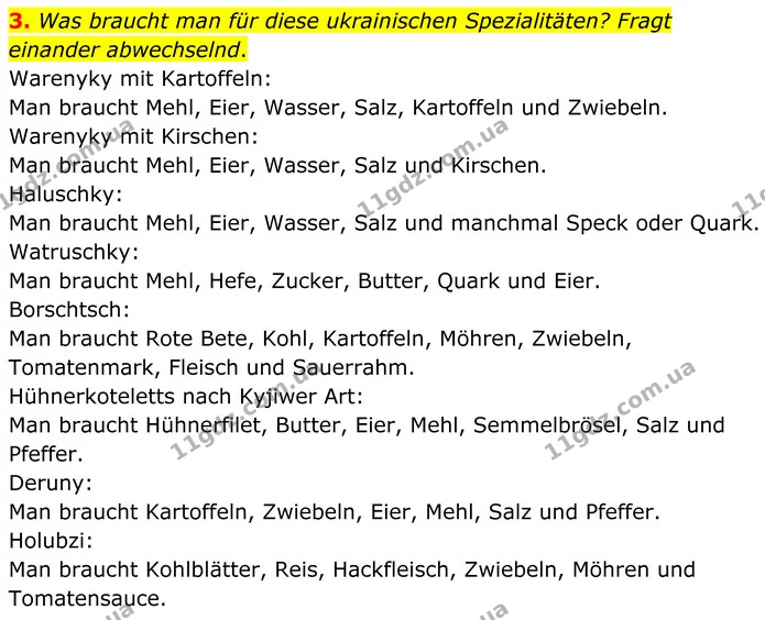 3. Was braucht man für diese ukrainischen Spezialitäten? Fragt einander abwechselnd. — ГДЗ Німецька мова 8 клас Сотникова (2025) 4 рік