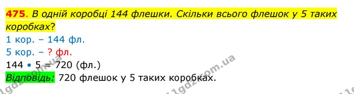 475. В одній коробці 144 флешки. Скільки всього флешок у 5 таких коробках? — ГДЗ Математика 3 клас Бевз 2 частина