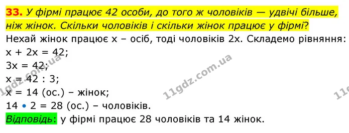 33. У фірмі працює 42 особи, до того ж чоловіків — удвічі більше, ніж жінок. Скільки чоловіків і скільки жінок працює у фірмі? — ГДЗ Математика 6 клас Кравчук 2023