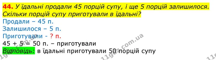 44. У їдальні продали 45 порцій супу, і ще 5 порцій залишилося. Скільки порцій супу приготували в їдальні? — ГДЗ Математика 3 клас Листопад 1-2 ч.