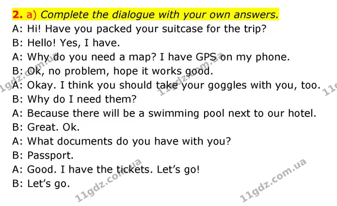 2. a) Complete the dialogue with your own answers. — ГДЗ Англійська мова 6 клас Карпюк 2023