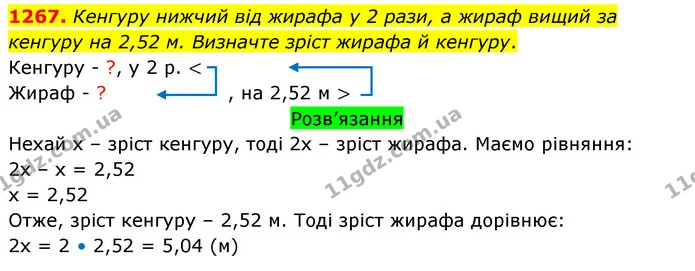 1267. Кенгуру нижчий від жирафа у 2 рази, а жираф вищий за кенгуру на 2,52 м. Визначте зріст жирафа й кенгуру. — ГДЗ Математика 5 клас Тарасенкова 2022