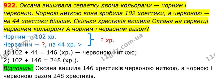 922. Оксана вишивала серветку двома кольорами — чорним і червоним. Чорною ниткою вона зробила 102 хрестики, а червоною — на 44 хрестики — ГДЗ Математика 3 клас Бевз 1 частина