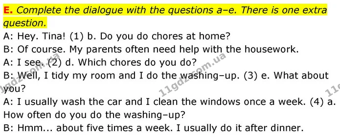 E. Complete the dialogue with the questions a–e. There is one extra question. — ГДЗ робочий зошит Англійська мова 7 клас Мітчелл
