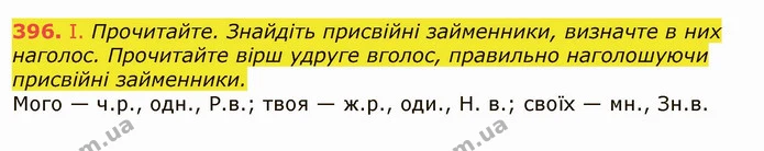 396. І. Прочитайте. Знайдіть присвійні займенники, визначте в них наголос. Прочитайте вірш удруге вголос, правильно наголошуючи — ГДЗ Українська мова 6 клас Заболотний 2019