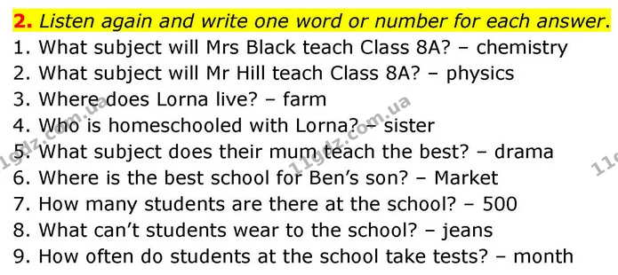 2. Listen again and write one word or number for each answer. — ГДЗ робочий зошит Англійська мова 7 клас Prepare