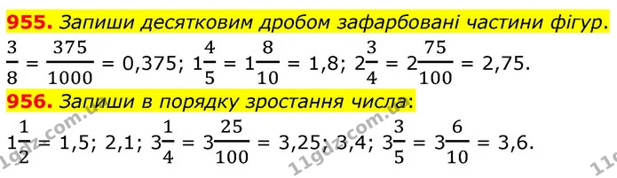 955. Запиши десятковим дробом зафарбовані частини фігур. — ГДЗ Математика 6 клас Бевз 1-2 ч.