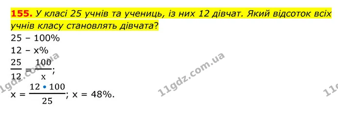 155. У класі 25 учнів та учениць, із них 12 дівчат. Який відсоток всіх учнів класу становлять дівчата? — ГДЗ Математика 6 клас Бевз 1-2 ч.