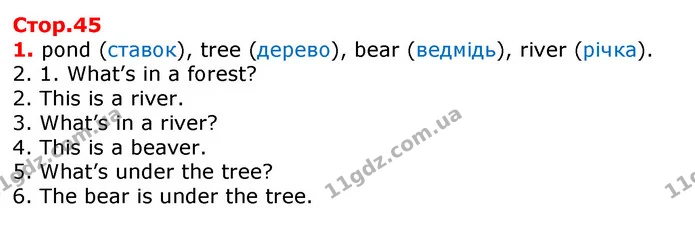 1. pond (ставок), tree (дерево), bear (ведмідь), river (річка). — ГДЗ Робочий зошит Англійська мова 2 клас Косован (Мітчелл)