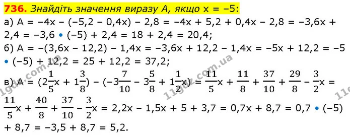 736. Знайдіть значення виразу A, якщо x = –5: — ГДЗ Математика 6 клас Бевз 1-2 ч.