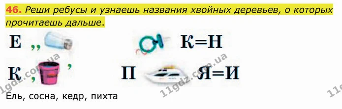 46. Реши ребусы и узнаешь названия хвойных деревьев, о которых прочитаешь дальше. — ГДЗ Русский язык и чтение 3 класс Лапшина