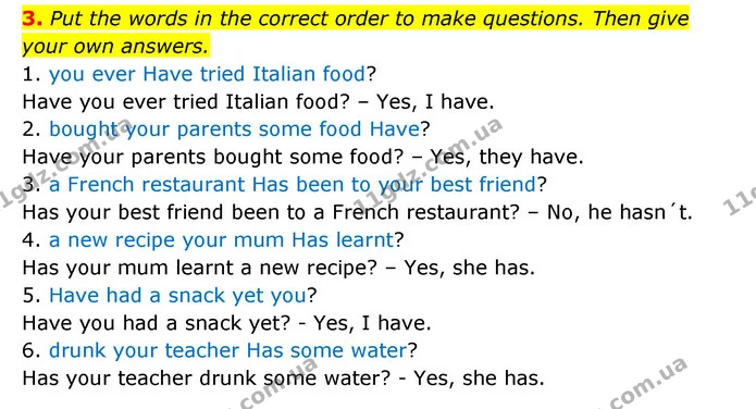 3. Put the words in the correct order to make questions. Then give your own answers. — ГДЗ Зошит з граматики Англійська мова 5 клас Карпюк 2022