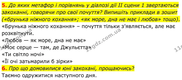 5. До яких метафор і порівнянь у діалозі дії II сцени 1 звертаються закоханні, говорячи про свої почуття? Випишіть приклади в зошит — ГДЗ Зарубіжна література 8 клас Міляновська