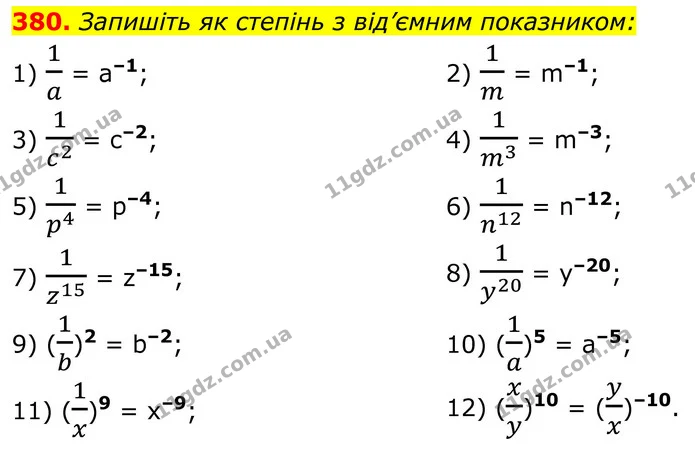 380. Запишіть як степінь з від’ємним показником: — ГДЗ Алгебра 8 клас Тарасенкова