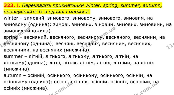 323. І. Перекладіть прикметники winter, spring, summer, autumn, провідміняйте їх в однині і множині. — ГДЗ Українська мова 6 клас Голуб 2023
