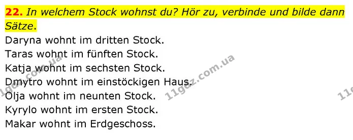 22. In welchem Stock wohnst du? Hör zu, verbinde und bilde dann Sätze. — ГДЗ Німецька мова 7 клас Басай