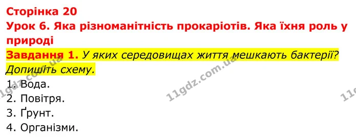 1. У яких середовищах життя мешкають бактерії? Допишіть схему. — ГДЗ Робочий зошит Біологія 7 клас Мирна 2024
