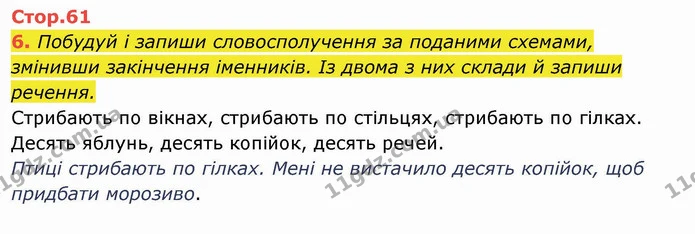 6. Побудуй і запиши словосполучення за поданими схемами, змінивши закінчення іменників. Із двома з них склади й запиши речення. — ГДЗ Українська мова та читання 4 клас Пономарьова