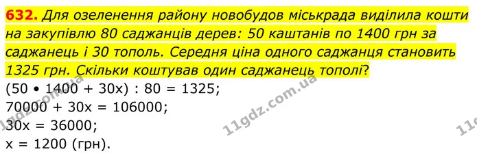 632. Для озеленення району новобудов міськрада виділила кошти на закупівлю 80 саджанців дерев: 50 каштанів по 1400 грн за саджанець і — ГДЗ Алгебра 8 клас Мерзляк