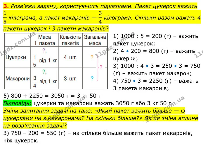 3. Розв’яжи задачу, користуючись підказками. Пакет цукерок важить 15 кілограма, а пакет макаронів — 34 кілограма. Скільки разом важать — ГДЗ Математика 4 клас Скворцова