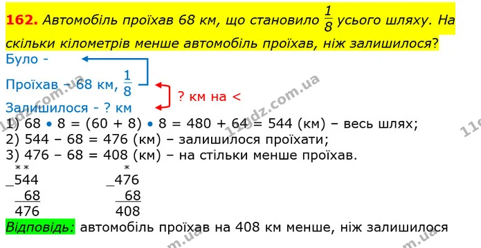 162. Автомобіль проїхав 68 км, що становило усього шляху. На скільки кілометрів менше автомобіль проїхав, ніж залишилося? — ГДЗ Математика 4 клас Лишенко 1-2 ч.