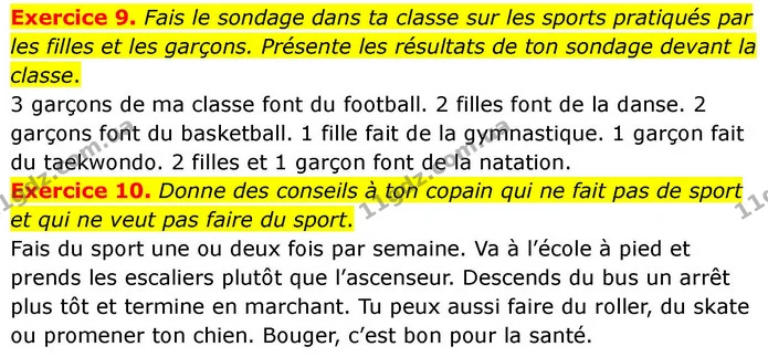 Exercice 9. Fais le sondage dans ta classe sur les sports pratiqués par les filles et les garçons. Présente les résultats de ton — ГДЗ Французька мова 7 клас Чумак