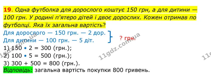 19. Одна футболка для дорослого коштує 150 грн, а для дитини — 100 грн. У родині п'ятеро дітей і двоє дорослих. Кожен отримав по — ГДЗ Математика 3 клас Бевз 2 частина