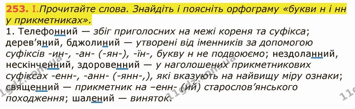 253. І. Прочитайте слова. Знайдіть і поясніть орфограму «букви н і нн у прикметниках». — ГДЗ Українська мова 6 клас Заболотний 2019