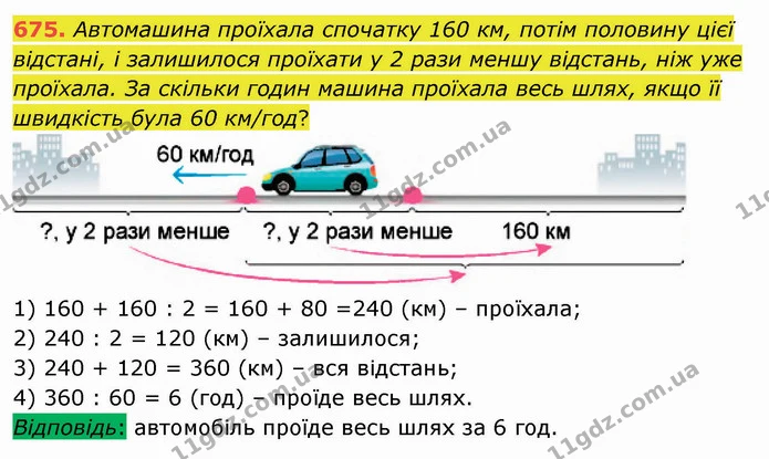675. Автомашина проїхала спочатку 160 км, потім половину цієї відстані, і залишилося проїхати у 2 рази меншу відстань, ніж уже — ГДЗ Математика 4 клас Лишенко 1-2 ч.