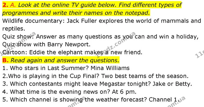 2. A. Look at the online TV guide below. Find different types of programmes and write their names on the notepad. — ГДЗ Англійська мова 7 клас Мітчелл