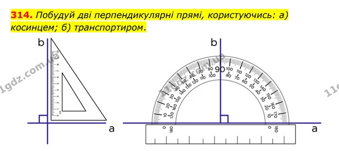 314. Побудуй дві перпендикулярні прямі, користуючись: а) косинцем; б) транспортиром. — ГДЗ Математика 5 клас Бевз