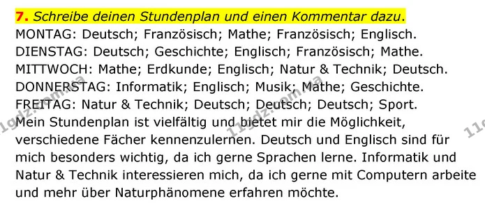 7. Schreibe deinen Stundenplan und einen Kommentar dazu. — ГДЗ Німецька мова 6 клас Сотникова 2 рік (2023)