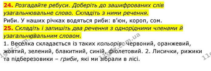 24. Розгадайте ребуси. Доберіть до зашифрованих слів узагальнювальне слово. Складіть з ними речення. — ГДЗ Відповіді Українська мова 6 клас Єрмоленко