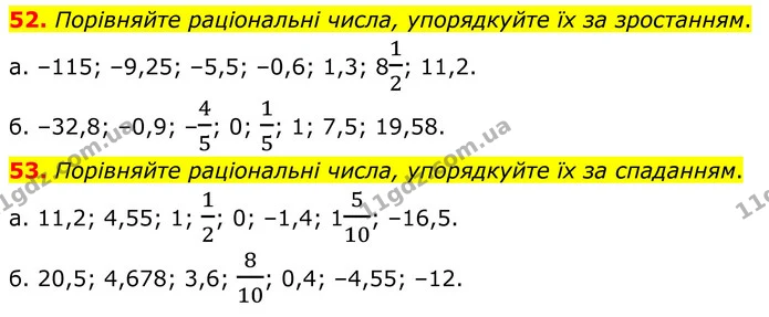 52. Порівняйте раціональні числа, упорядкуйте їх за зростанням. — ГДЗ Математика 6 клас Біос 1-2 ч.