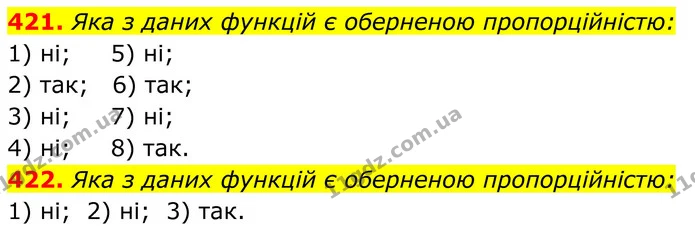 421. Яка з даних функцій є оберненою пропорційністю: — ГДЗ Алгебра 8 клас Тарасенкова