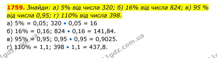 1759. Знайди: а) 5% від числа 320; б) 16% від числа 824; в) 95 % від числа 0,95; г) 110% від числа 398. — ГДЗ Математика 5 клас Бевз