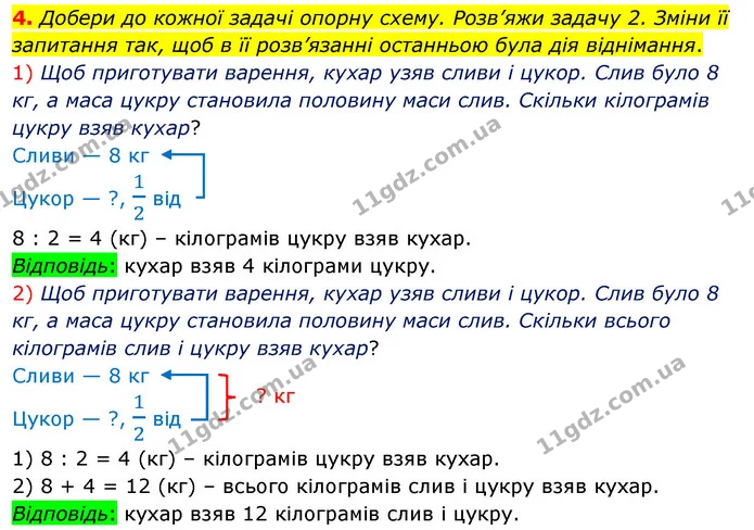 4. Добери до кожної задачі опорну схему. Розв’яжи задачу 2. Зміни її запитання так, щоб в її розв’язанні останньою була дія віднімання. — ГДЗ Математика 3 клас Скворцова 1-2 ч.
