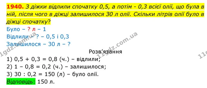 1940. З діжки відлили спочатку 0,5, а потім – 0,3 всієї олії, що була в ній, після чого в діжці залишилося З0 л олії. Скільки літрів — ГДЗ Математика 5 клас Бевз