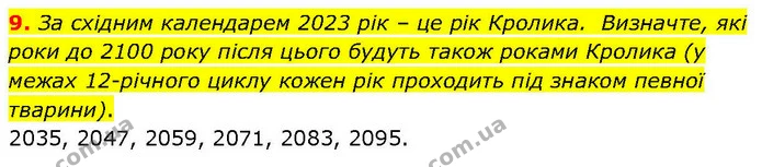 9. За східним календарем 2023 рік – це рік Кролика. Визначте, які роки до 2100 року після цього будуть також роками Кролика (у межах — ГДЗ Математика 6 клас Біос 1-2 ч.