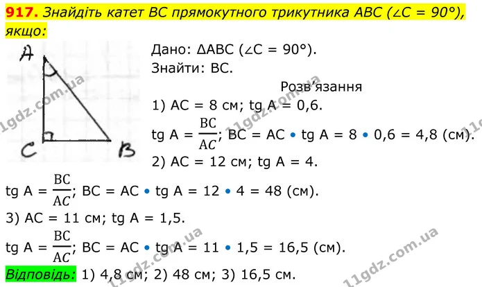 917. Знайдіть катет BC прямокутного трикутника ABC (∠C = 90°), якщо: 1) AС = 8 см, tg A = 0,6; 2) AC = 12 см, tg A = 4; 3) AC = 11 см — ГДЗ Геометрія 8 клас Бурда