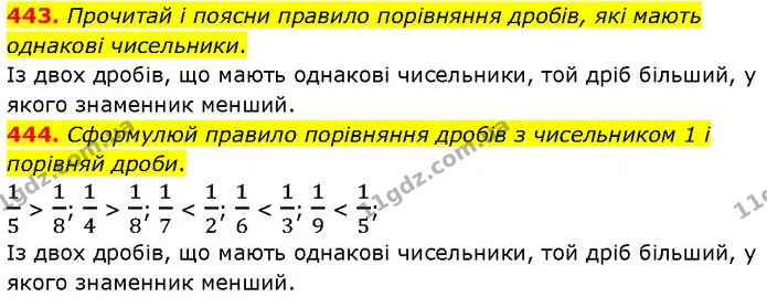 443. Прочитай і поясни правило порівняння дробів, які мають однакові чисельники. — ГДЗ Математика 4 клас Бевз 1 та 2 частини