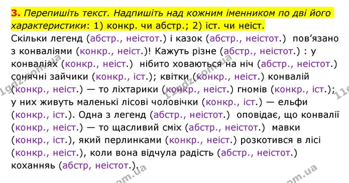 3. Перепишіть текст. Надпишіть над кожним іменником по дві його характеристики: 1) конкр. чи абстр.; 2) іст. чи неіст. — ГДЗ Українська мова 6 клас Авраменко