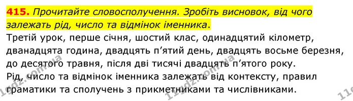 415. Прочитайте словосполучення. Зробіть висновок, від чого залежать рід, число та відмінок іменника. — ГДЗ Українська мова 6 клас Голуб 2023