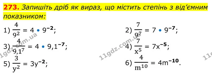 273. Запишіть дріб як вираз, що містить степінь з від’ємним — ГДЗ Алгебра 8 клас Тарасенкова