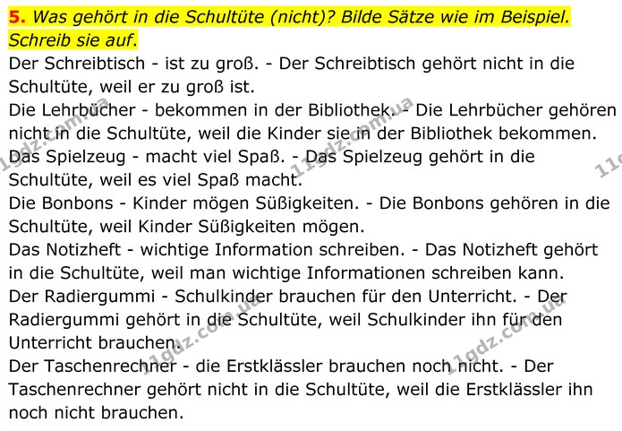5. Was gehört in die Schultüte (nicht)? Bilde Sätze wie im Beispiel. Schreib sie auf. — ГДЗ робочий зошит Німецька мова 8 клас Басай