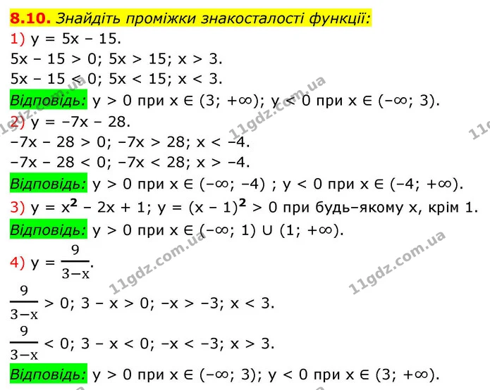 8.10. Знайдіть проміжки знакосталості функції: — ГДЗ Алгебра 9 клас Мерзляк 2026
