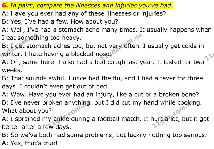 6. In pairs, compare the illnesses and injuries you’ve had. — ГДЗ Англійська мова 8 клас Стайрінг (Prepare)