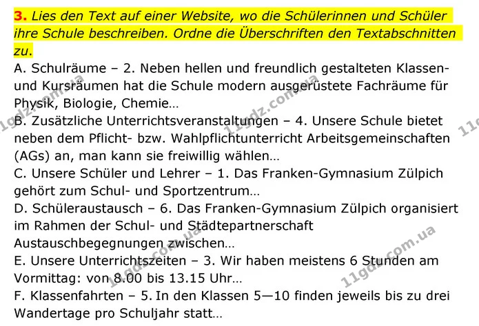 3. Lies den Text auf einer Website, wo die Schülerinnen und Schüler ihre Schule beschreiben. Ordne die Überschriften den — ГДЗ Німецька мова 10 клас Сотникова 2018